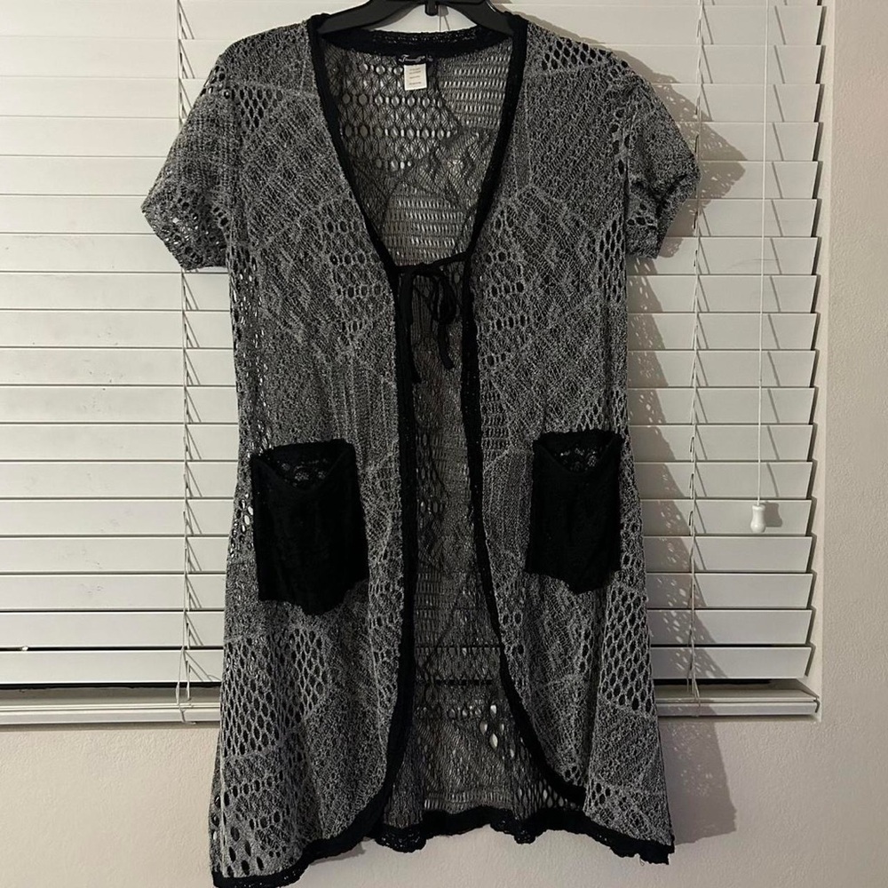 grey and black lacey cardigan